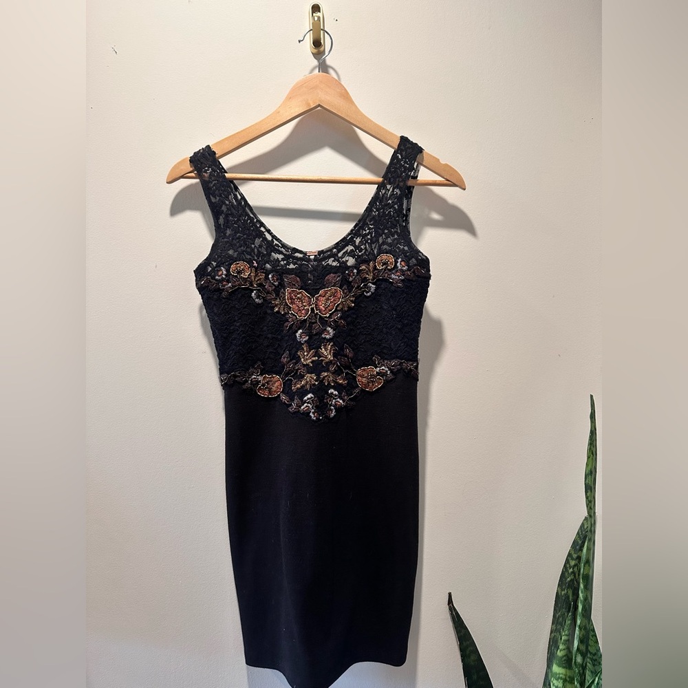 Free People • Black Bodycon Dress with Beading and Lace detailing Sz XS